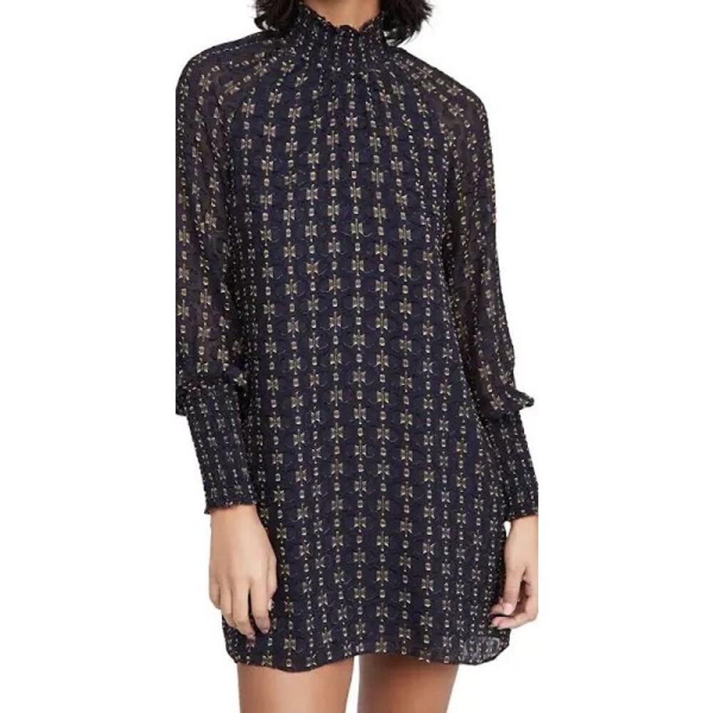 Amanda Uprichard Noemi Navy Gold Sheath High Neck Dress Sz XS